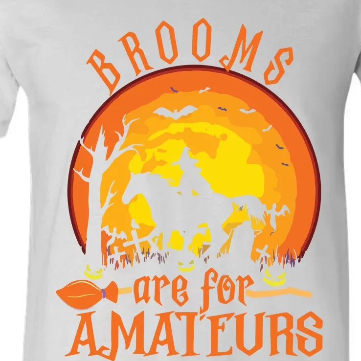 000000000 Funny Brooms Are For Amateurs Witch Riding Horse Halloween V-Neck T-Shirt