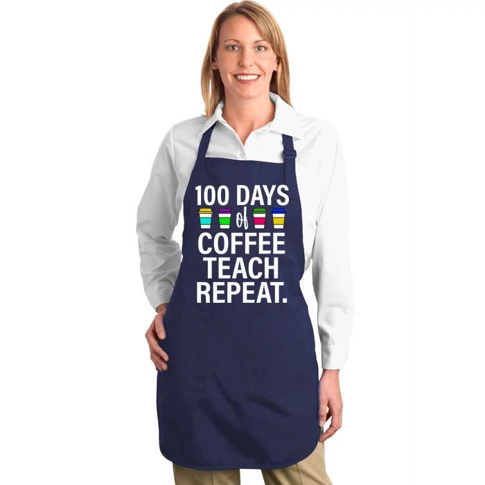 100 Days Of Coffee Teaching Repeat School Full-Length Apron With Pocket