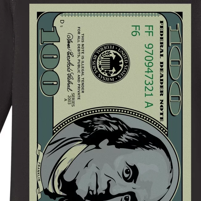 100 Dollar Bill - $100 - Benjamin Franklin Money Baby Long Sleeve Bodysuit