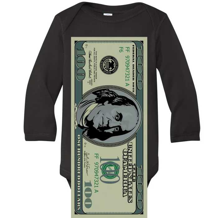 100 Dollar Bill - $100 - Benjamin Franklin Money Baby Long Sleeve Bodysuit