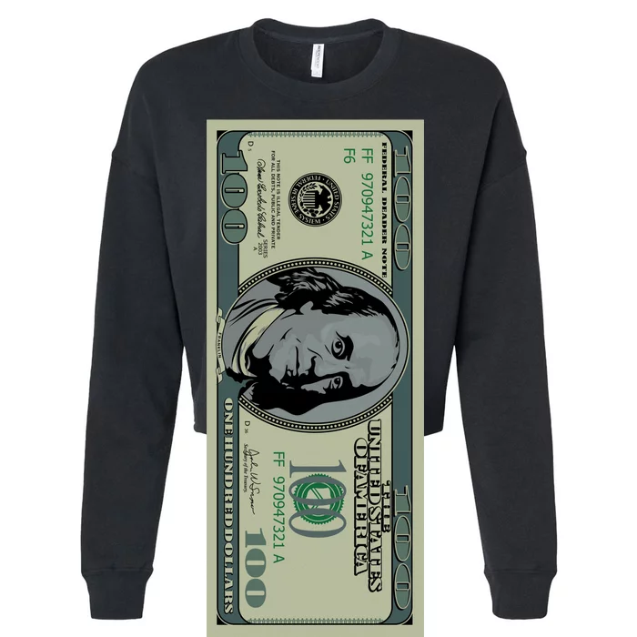 100 Dollar Bill - $100 - Benjamin Franklin Money Cropped Pullover Crew