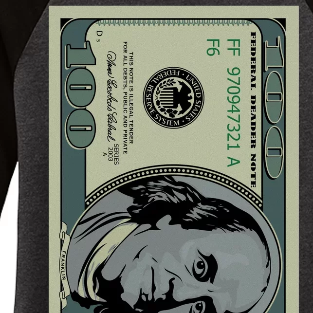 100 Dollar Bill - $100 - Benjamin Franklin Money Women's Tri-Blend 3/4-Sleeve Raglan Shirt