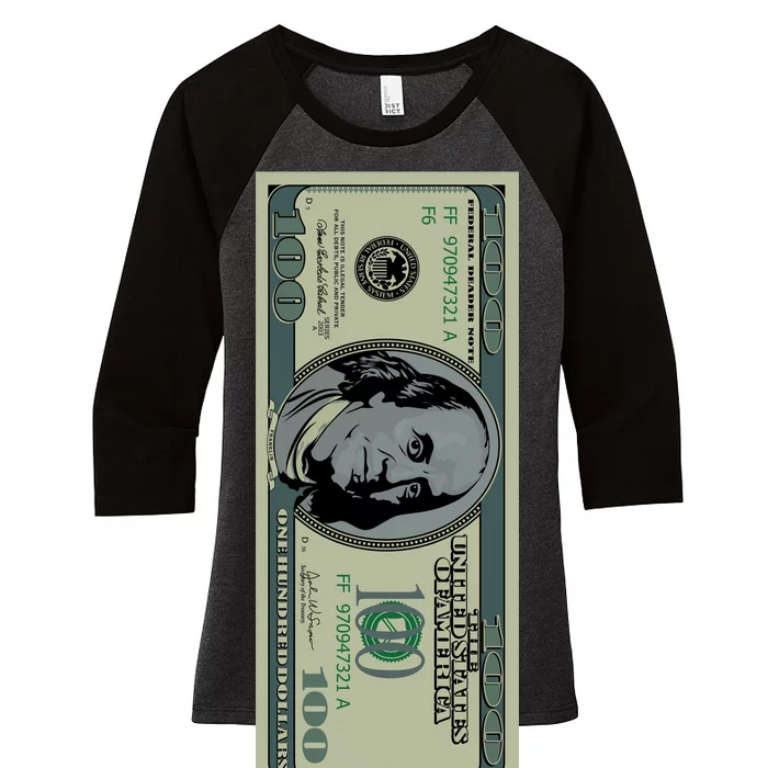 100 Dollar Bill - $100 - Benjamin Franklin Money Women's Tri-Blend 3/4-Sleeve Raglan Shirt