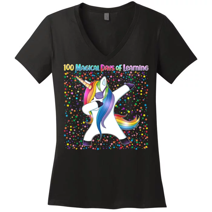 100 Magical Days of Learning Dabbing Unicorn Women's V-Neck T-Shirt