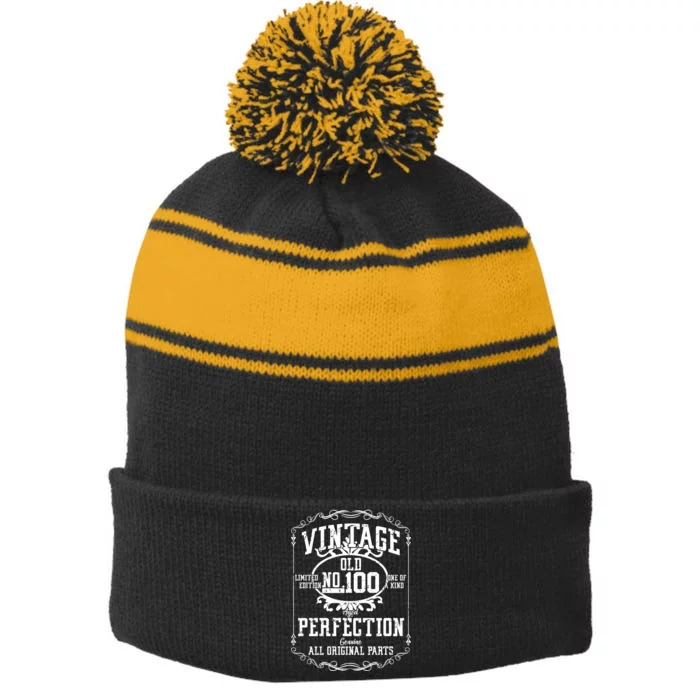 100th Birthday Genuine All Original Parts Stripe Pom Pom Beanie