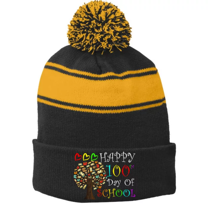 100th Day Of School Educational Tree Stripe Pom Pom Beanie