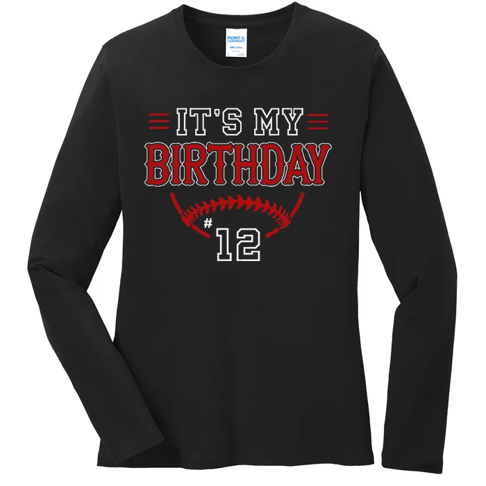 12yr 12th Birthday Boy Its My Birthday Baseball Retro Ladies Long Sleeve Shirt