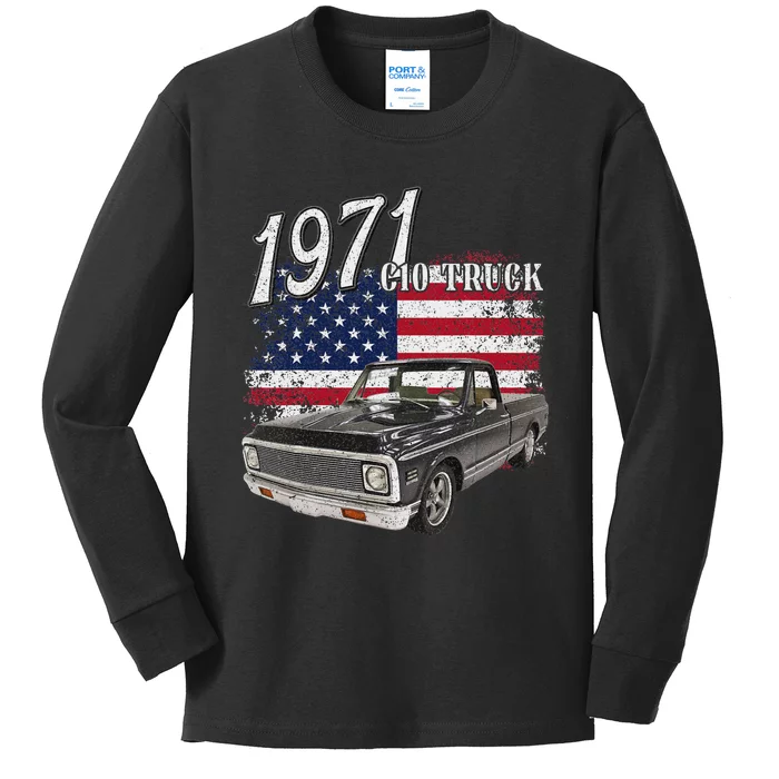 1971 71 C10 Truck Vintage 4th Of July American Flag Kids Long Sleeve Shirt