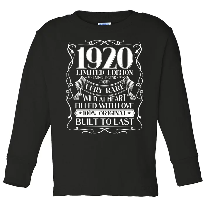 1920 Rare Limited Edition Legend 100th Birthday Toddler Long Sleeve Shirt