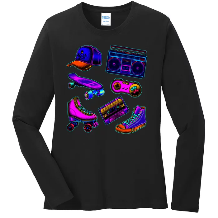 1980 Eighties Old School Retro Neon Ladies Long Sleeve Shirt