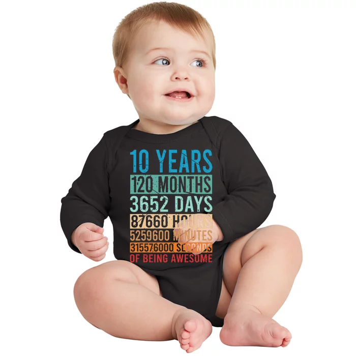 10th Birthday 10 Years Old Vintage Retro 120 Months Baby Long Sleeve Bodysuit