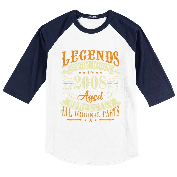 15th Birthday 15 Years Old Vintage Legends Born In 2008 Baseball Sleeve Shirt