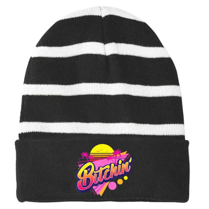 1980s Bitchin 80s Retro Vintage Palm Trees & Sunset Design Striped Beanie with Solid Band