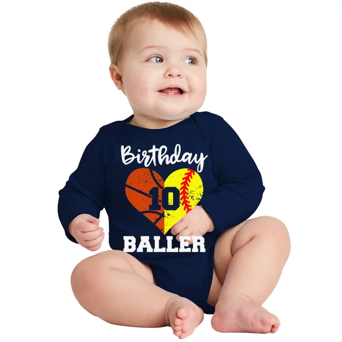 10th Birthday Baller Funny 10 Year Old Softball Basketball Baby Long Sleeve Bodysuit