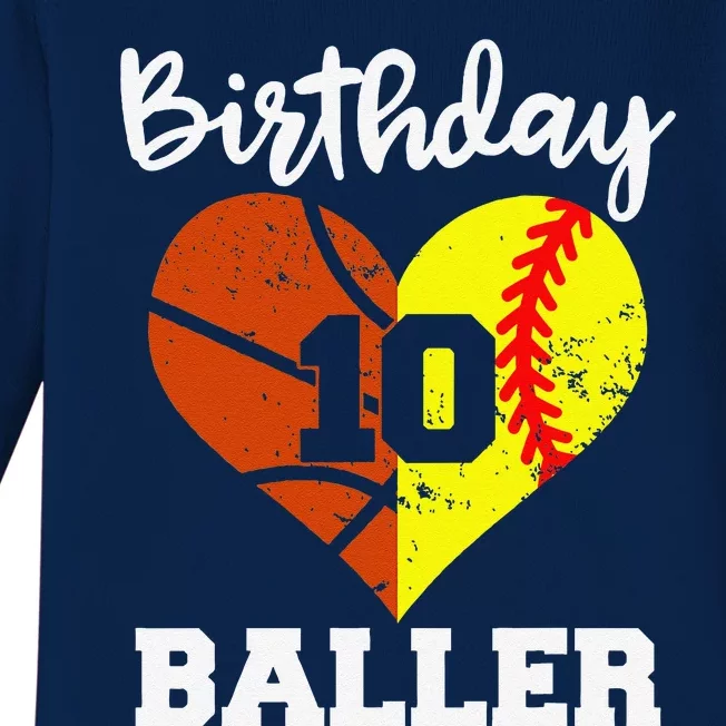 10th Birthday Baller Funny 10 Year Old Softball Basketball Baby Long Sleeve Bodysuit