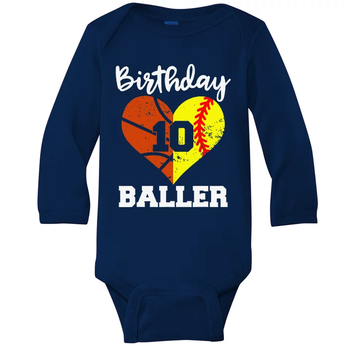 10th Birthday Baller Funny 10 Year Old Softball Basketball Baby Long Sleeve Bodysuit