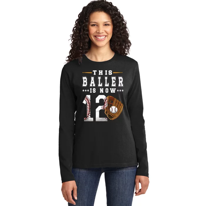 12th Birthday Baseball Boy Twelve Year Old Baseball Player Ladies Long Sleeve Shirt