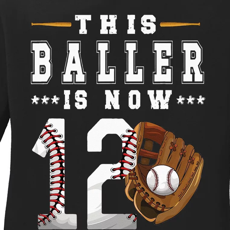 12th Birthday Baseball Boy Twelve Year Old Baseball Player Ladies Long Sleeve Shirt