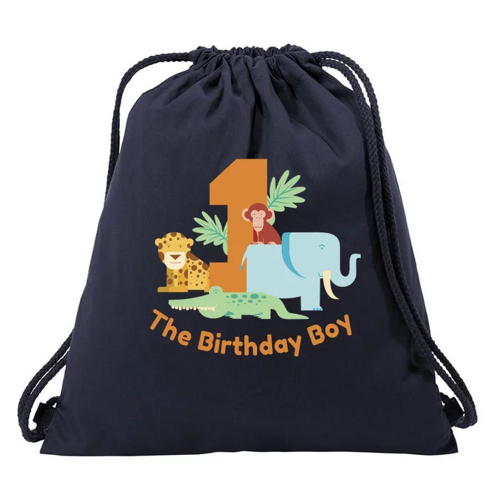 1st Birthday Boy Animal Jungle Drawstring Bag