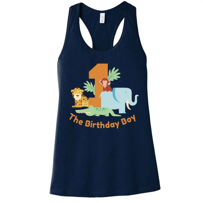 1st Birthday Boy Animal Jungle Women's Racerback Tank