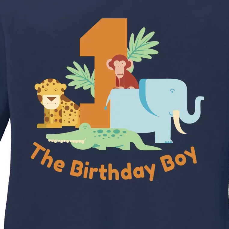 1st Birthday Boy Animal Jungle Ladies Long Sleeve Shirt