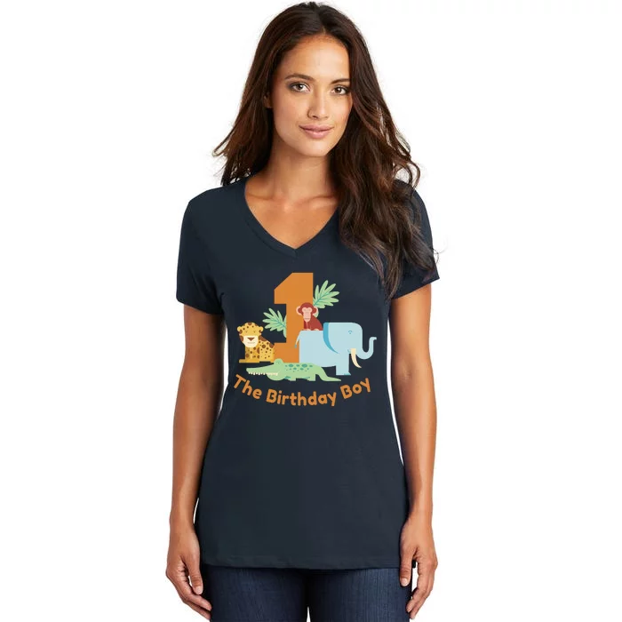 1st Birthday Boy Animal Jungle Women's V-Neck T-Shirt