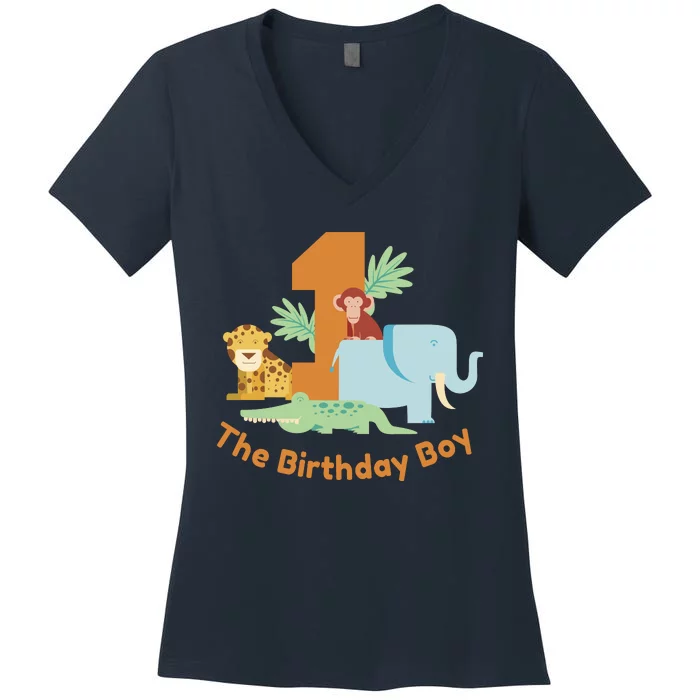 1st Birthday Boy Animal Jungle Women's V-Neck T-Shirt