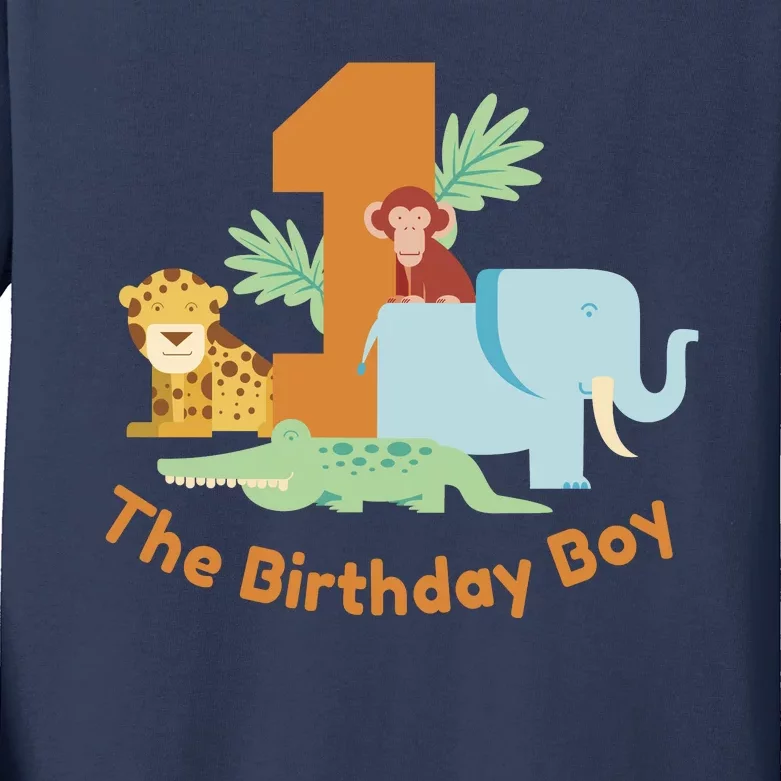 1st Birthday Boy Animal Jungle Kids Long Sleeve Shirt