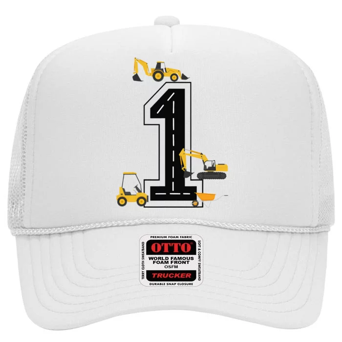 1st Birthday Crane Excavator Truck 1 Year Old Diggers High Crown Mesh Trucker Hat