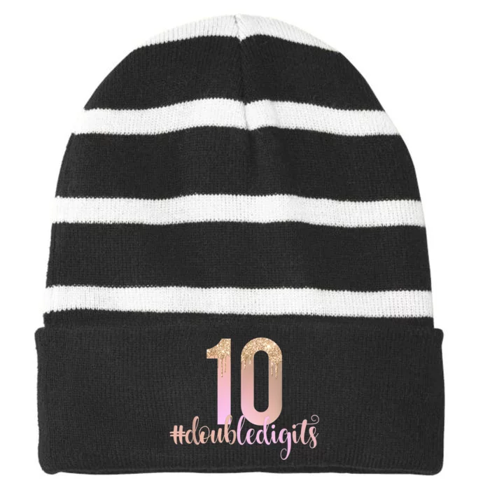 10th Birthday Double Digits Girls Ten 10 Peach Ombre K.i.d.s Striped Beanie with Solid Band