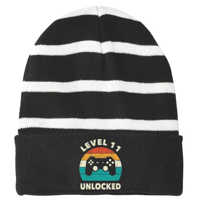 11th Birthday Decoration Gift Level 11 Unlocked Video Gamer Striped Beanie with Solid Band