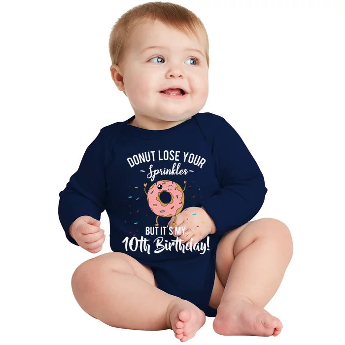 10th Birthday Donut Theme Funny Tenth Cute 10 Years Old Meme Baby Long Sleeve Bodysuit