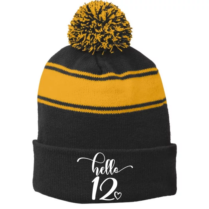 12th Birthday For Hello 12 Cute 12 Years Old Stripe Pom Pom Beanie