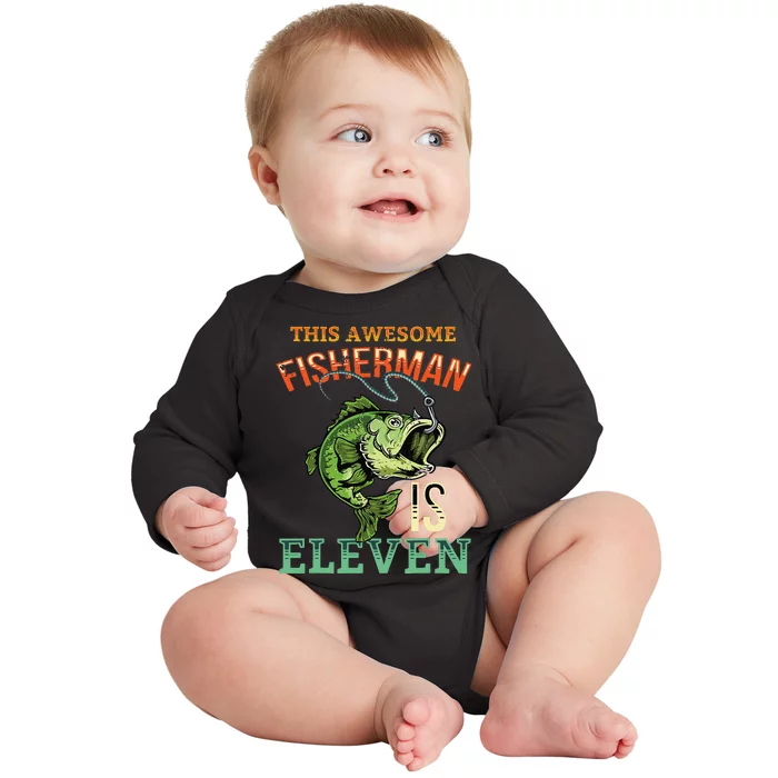 11th Birthday Fishing Gift Awesome Bass Fish Fisherman Baby Long Sleeve Bodysuit