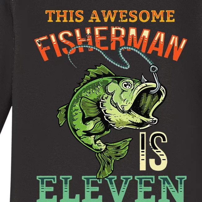 11th Birthday Fishing Gift Awesome Bass Fish Fisherman Baby Long Sleeve Bodysuit