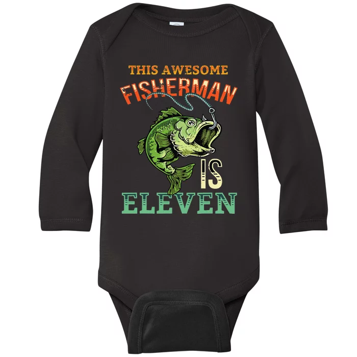 11th Birthday Fishing Gift Awesome Bass Fish Fisherman Baby Long Sleeve Bodysuit