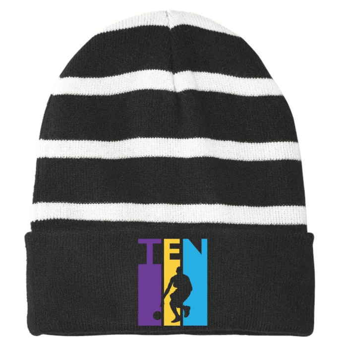 10th Birthday Gift Ten Colorful Basketball 10 Year Old Striped Beanie with Solid Band