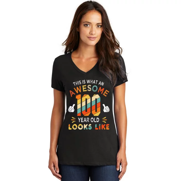 100th Birthday Gifts 100 Years Old looks Like Funny Birthday Women's V-Neck T-Shirt