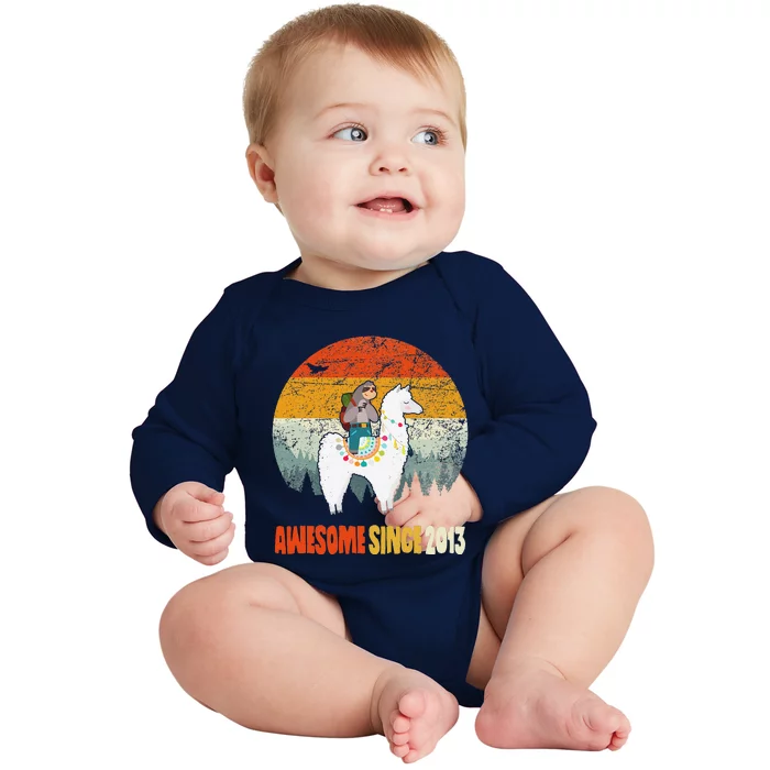 10th Birthday Gifts Awesome Since 2013 Sloth Riding Llama Baby Long Sleeve Bodysuit