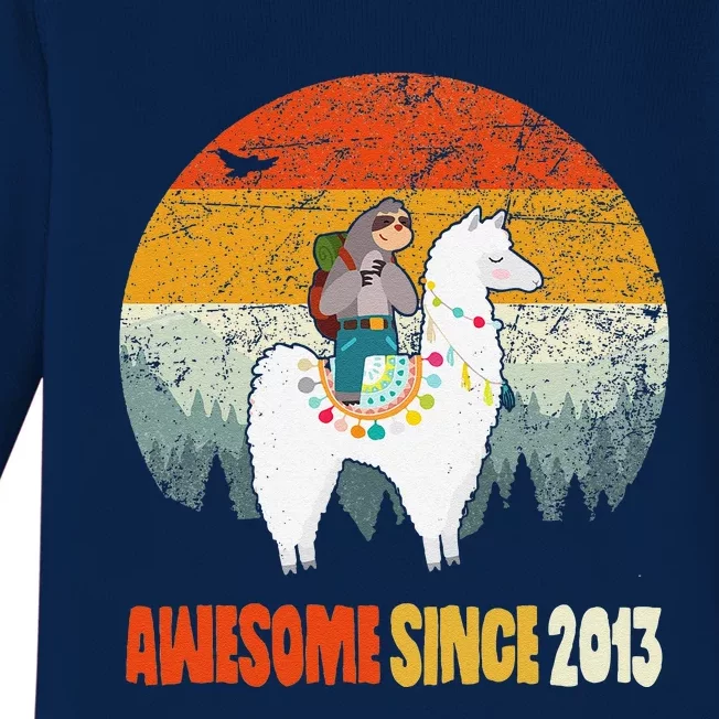 10th Birthday Gifts Awesome Since 2013 Sloth Riding Llama Baby Long Sleeve Bodysuit