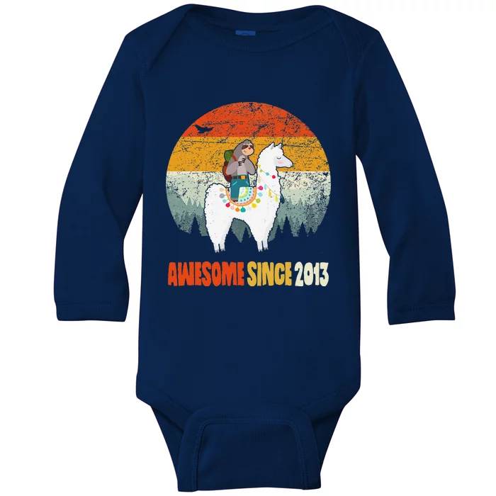 10th Birthday Gifts Awesome Since 2013 Sloth Riding Llama Baby Long Sleeve Bodysuit