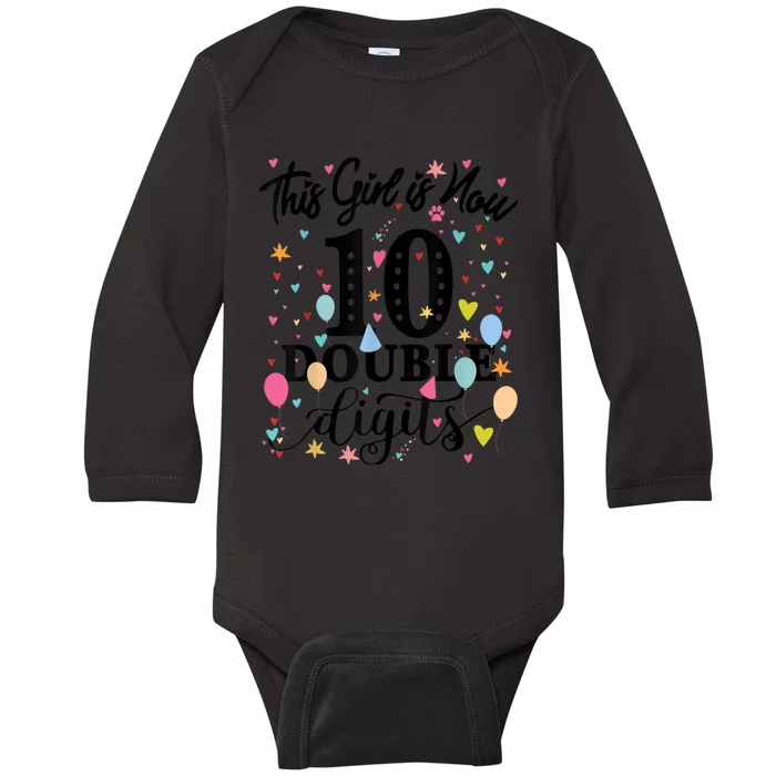 10th Birthday Gifts Shirt This Girl Is Now 10 Double Digits Baby Long Sleeve Bodysuit