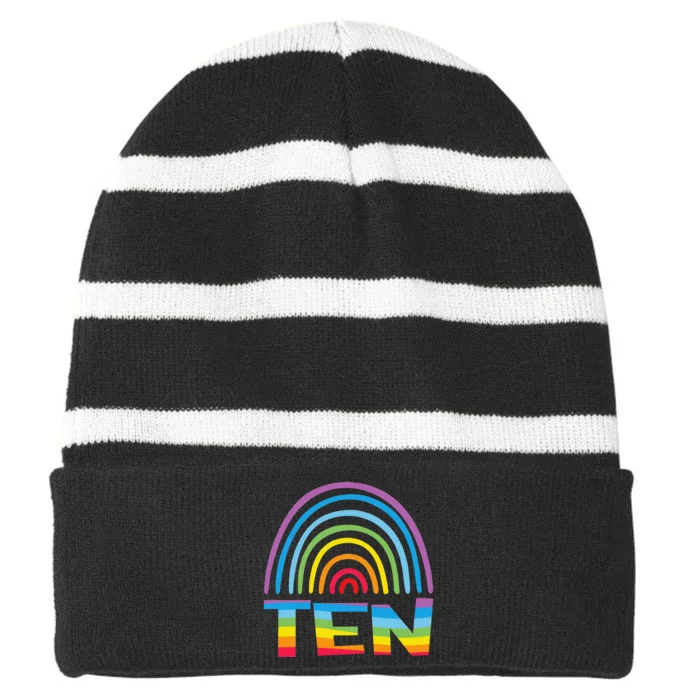 10th Birthday Gift Rainbow Fan 10 Years Olds 10 Bday Striped Beanie with Solid Band