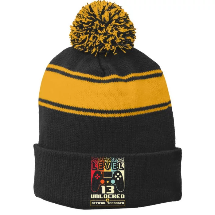 13th Birthday Gift Level 13 Unlocked Nager Stripe Pom Pom Beanie