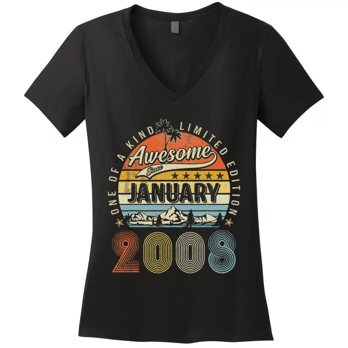 15th Birthday Gift Awesome Since January 2008 15 Year Old Women's V-Neck T-Shirt