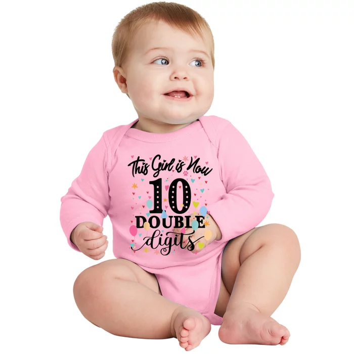 10th Birthday Gifts Shirt This Girl Is Now 10 Double Digits Baby Long Sleeve Bodysuit