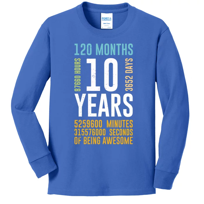 10th Birthday Gift 10 Years Old Vintage Retro 120 Months Kids Long Sleeve Shirt