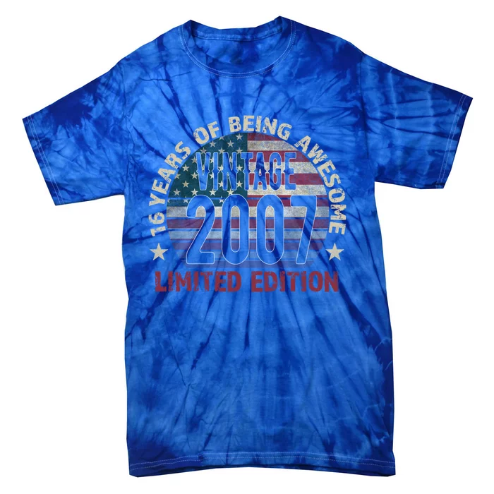 16th Birthday Gift Vintage 2007 16 Years Old Usa Flag Gift Tie-Dye T-Shirt