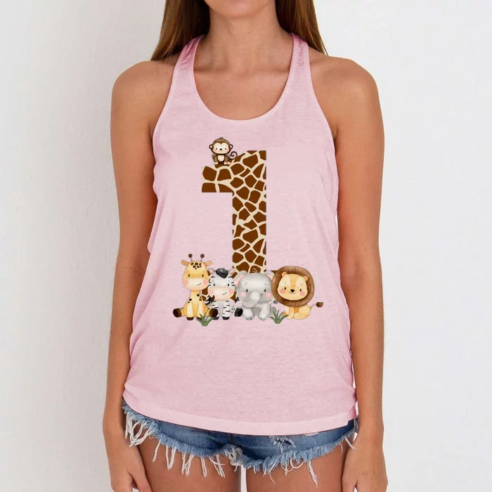 1st Birthday Jungle Animals Safari Giraffe Zebra Lion Wild Women's Knotted Racerback Tank