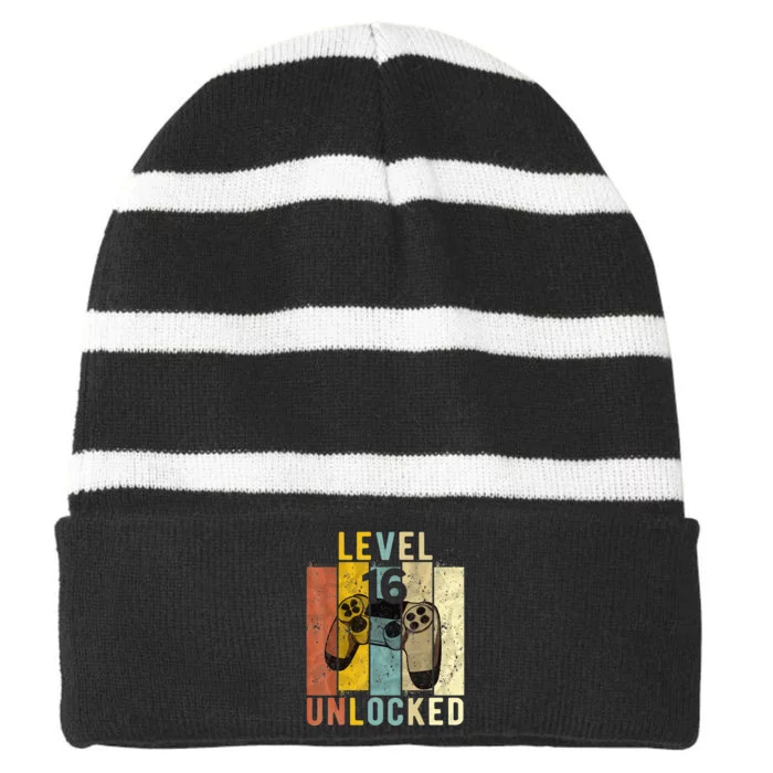 16Th Birthday Level 16 Unlocked Video Gamer Striped Beanie with Solid Band